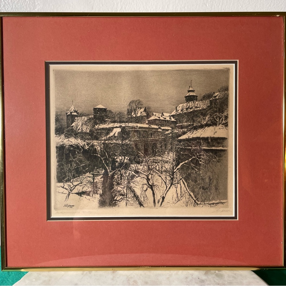 Vintage Paul Geissler Matted, Signed, Framed Etching  1921 Cityscape - Nürnburg